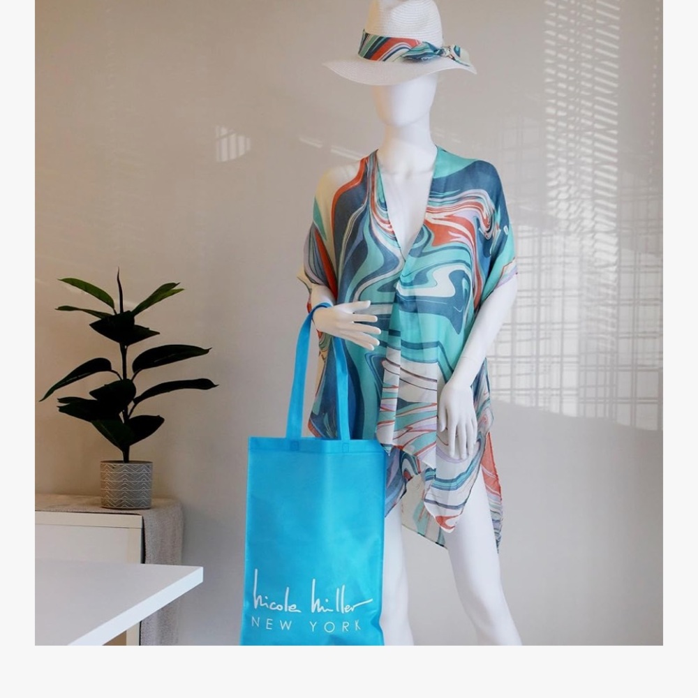 NWT Nicole Miller New York 
Beach Cover-up, Straw Sun Hat & Tote Set